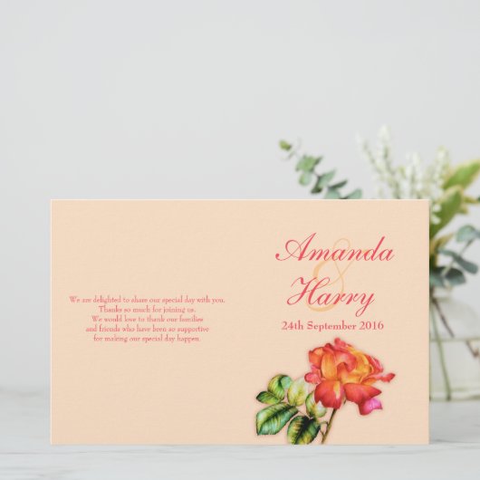 赤オレンジ色イエローティーバラ結婚式プログラム (スタンド正面)