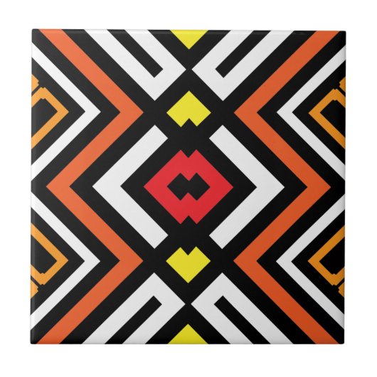 赤オレンジ色白黒モザイク幾何学模様 タイル (正面)