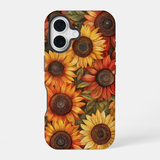 赤オレンジ黄色の秋ひまわり花 iPhone 16ケース (裏面)