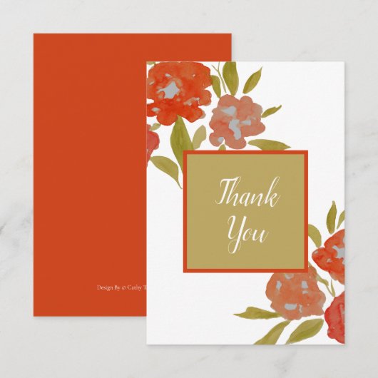 赤オレンジ ボヘミア ゴールド フラワーフラット サンクスカード サンキューカード (正面/裏面)