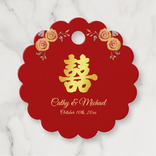 赤オレン中国のジ結婚フローラの二重の幸せ フェイバータグ (正面)