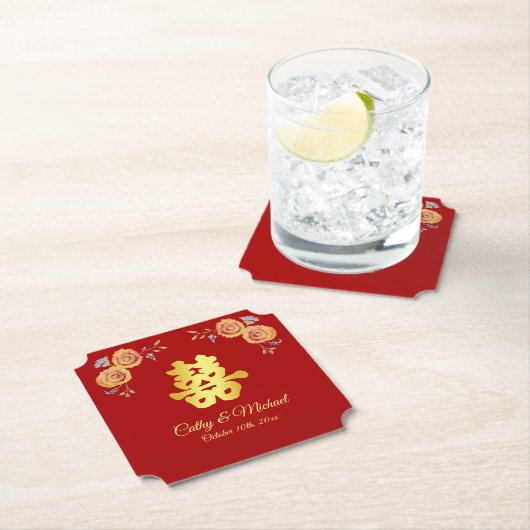 赤オレン中国のジ結婚フローラの二重の幸せ ペーパーコースター (インサイチュ)