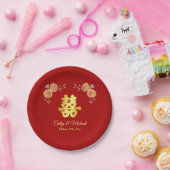 赤オレン中国のジ結婚フローラの二重の幸せ ペーパープレート (パーティー)