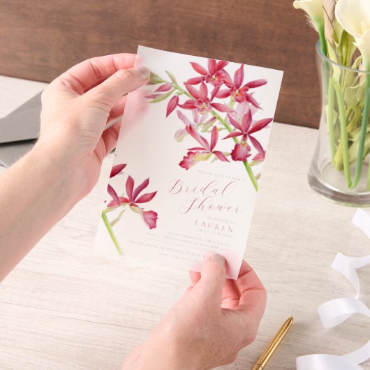 赤オーキッド水彩植物性ブライダルシャワー ベラム紙招待状 (ポータブル)