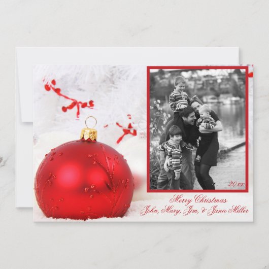 赤オーナメントホワイトツリーフォトカード シーズンカード (正面)