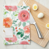 赤オ素朴レンジ水彩フラワーズモノグラム キッチンタオル (四つ折り)