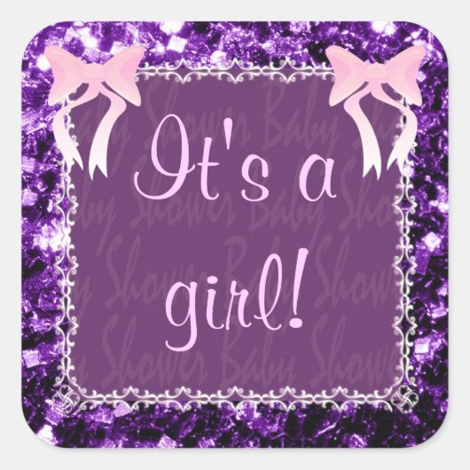 赤カスタマイズ女の子シャワーパープルキラキラ スクエアシール (正面)