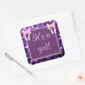 赤カスタマイズ女の子シャワーパープルキラキラ スクエアシール (封筒)