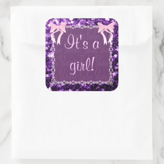 赤カスタマイズ女の子シャワーパープルキラキラ スクエアシール (バッグ)