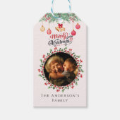 赤カスタマイズ花模様家族の写真メリークリスマス ギフトタグ (正面)