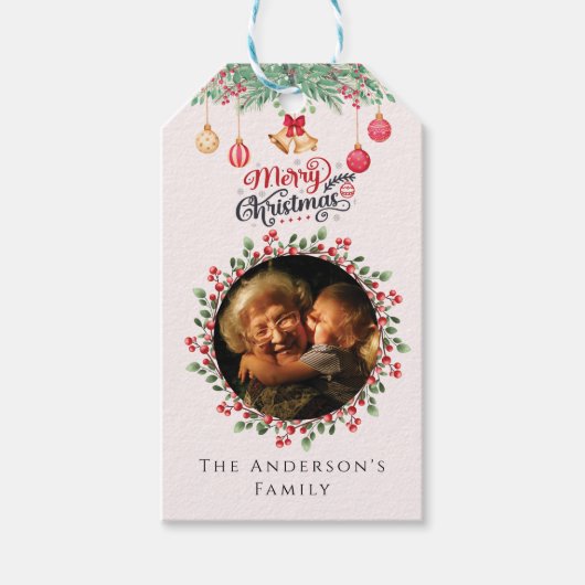 赤カスタマイズ花模様家族の写真メリークリスマス ギフトタグ (正面)