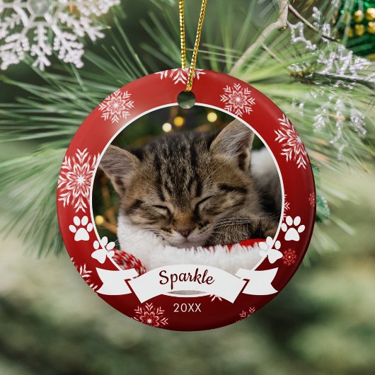 赤カスタムいクリスマスにペット猫の写真の手がプリント セラミックオーナメント