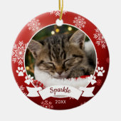 赤カスタムいクリスマスにペット猫の写真の手がプリント セラミックオーナメント (正面)