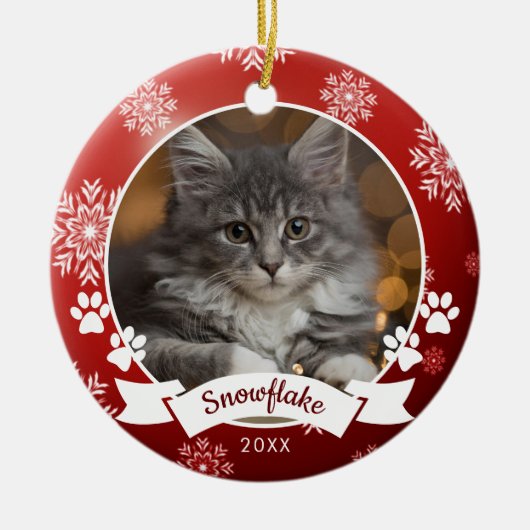 赤カスタムいクリスマスに猫ペットの写真の手がプリント セラミックオーナメント (正面)