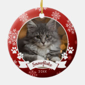 赤カスタムいクリスマスに猫ペットの写真の手がプリント セラミックオーナメント (裏面)