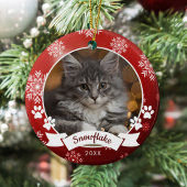 赤カスタムいクリスマスに猫ペットの写真の手がプリント セラミックオーナメント