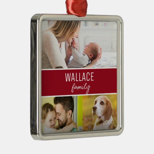 赤カスタムい家族の写真コラージュのクリスマス メタルオーナメント (右)
