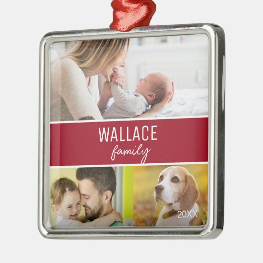 赤カスタムい家族の写真コラージュのクリスマス メタルオーナメント (左)