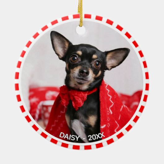 赤カスタムと白のフレームとチワワ犬の写真 セラミックオーナメント (裏面)