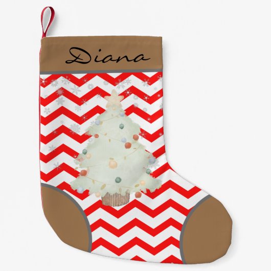 赤カスタムと茶色のクリスマスツリー白 スモールクリスマスストッキング (正面)