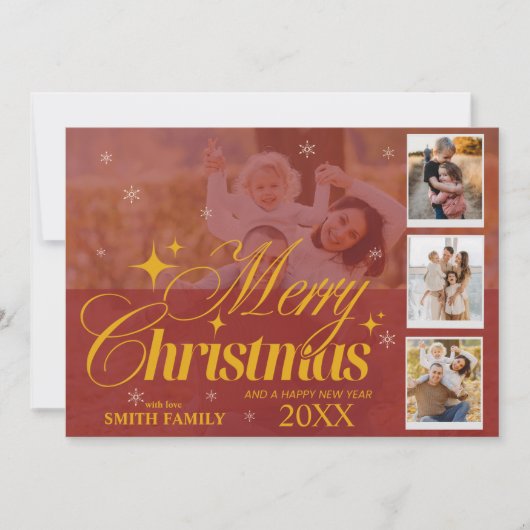 赤カスタムと金ゴールドの写真コラージュのクリスマスグリーティング シーズンカード (正面)