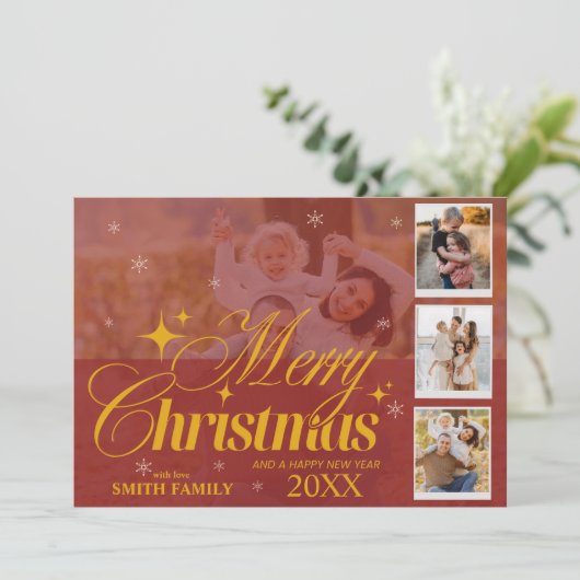 赤カスタムと金ゴールドの写真コラージュのクリスマスグリーティング シーズンカード (スタンド正面)