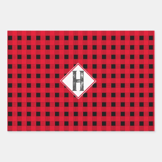 赤カスタムと黒のバッファローplaidモノグラムイニシャル ラッピングペーパーシート (正面)