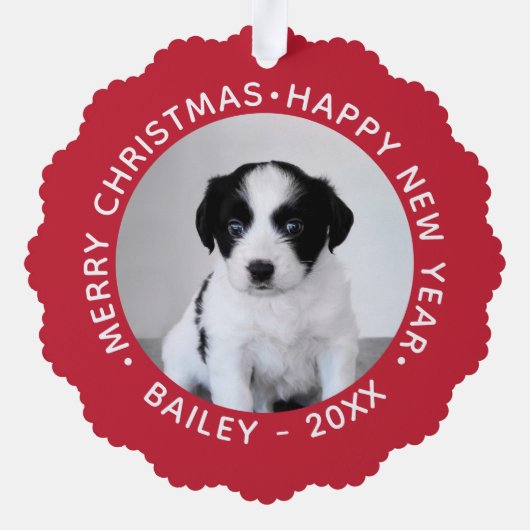 赤カスタムのクリスマスを飾ったペットフォ縁どト写真 オーナメントカード (裏面)