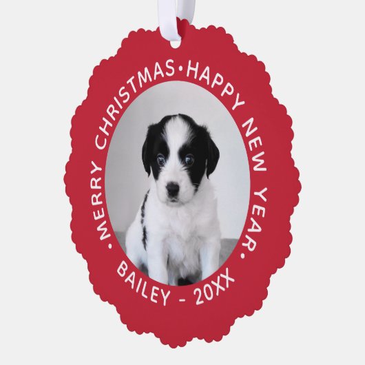 赤カスタムのクリスマスを飾ったペットフォ縁どト写真 オーナメントカード (左)