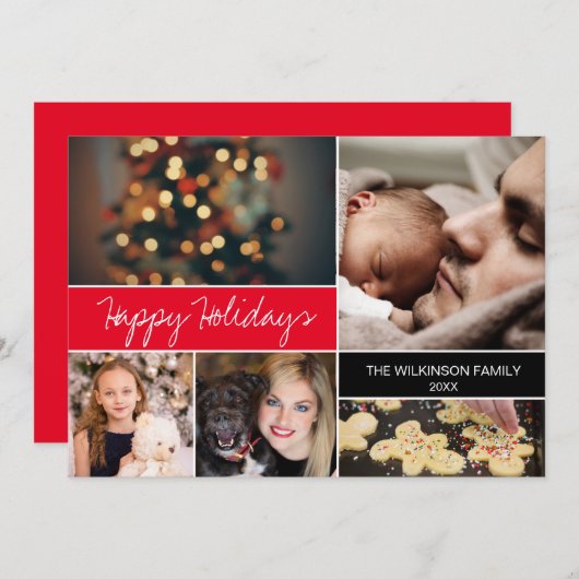 赤カスタムハッピーホリデイズファミリーフォトクリスマス シーズンカード (正面/裏面)