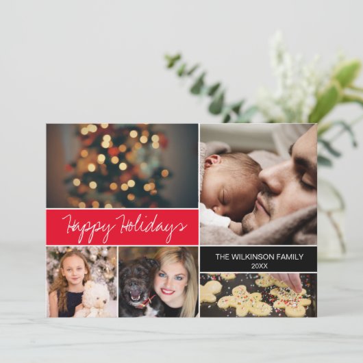 赤カスタムハッピーホリデイズファミリーフォトクリスマス シーズンカード (スタンド正面)