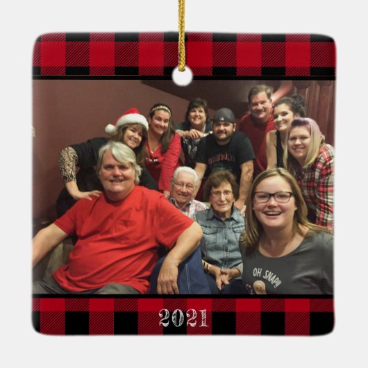 赤カスタム水牛プレイド2写真ファミリーフォト セラミックオーナメント (裏面)
