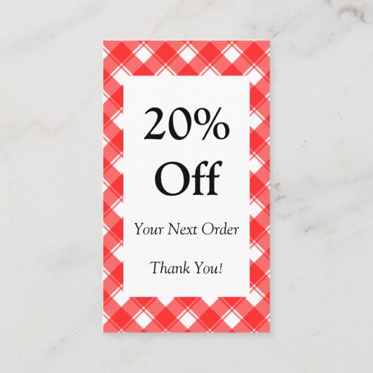 赤カスタム白の格子縞チェック割引クーポン 名刺 (裏面)