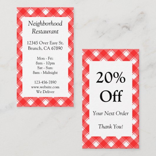 赤カスタム白の格子縞チェック割引クーポン 名刺 (正面/裏面)