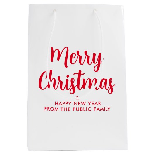 赤カスタム白メリークリスマスハッピー新年 ミディアムペーパーバッグ (正面)