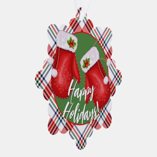 赤カスタム緑の格子模様のサンタスミッテンス オーナメントカード (右)