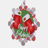 赤カスタム緑の格子模様のサンタスミッテンス オーナメントカード (左)