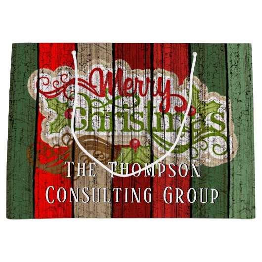 赤カスタム緑風化木板パターン ラージペーパーバッグ (正面)