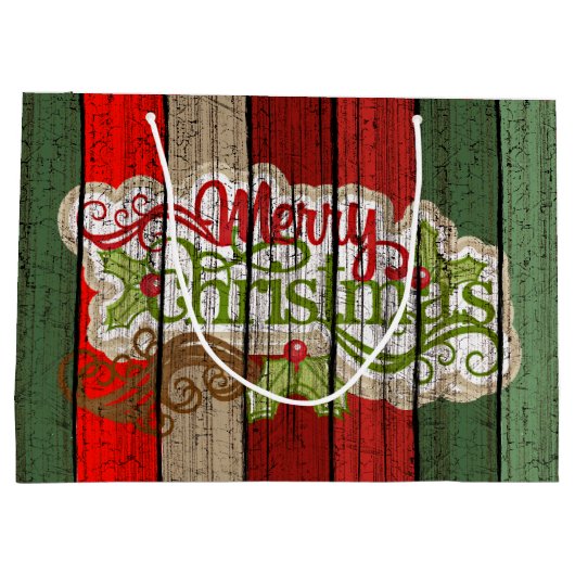 赤カスタム緑風化木板パターン ラージペーパーバッグ (裏面)