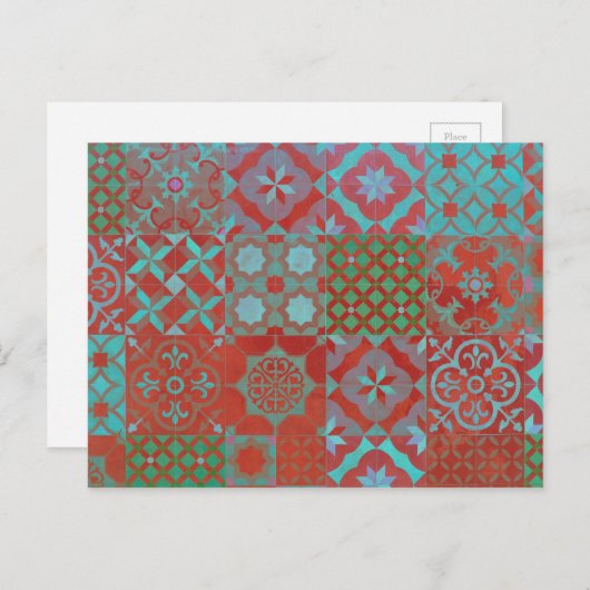 赤カッコいいと青のトレンディーエーゲのタイル ポストカード (正面/裏面)