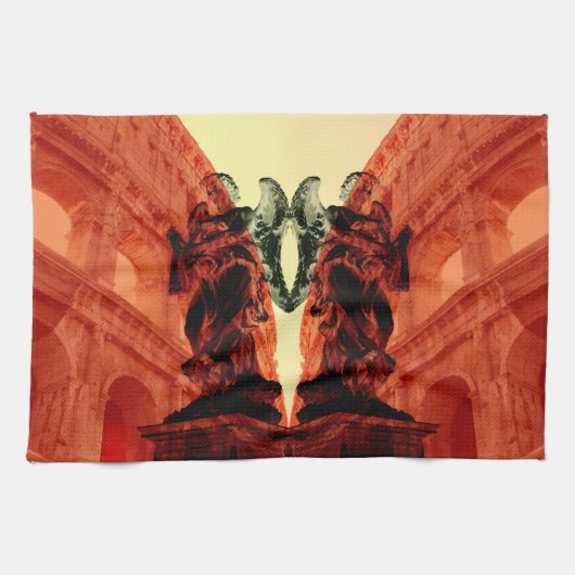 赤カッコいいモダン色の歴史的ローマのコラージュ キッチンタオル (横)