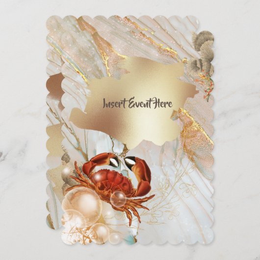 赤カニのマーブル模様のゴールド液体エレガントパーティー 招待状 (正面/裏面)