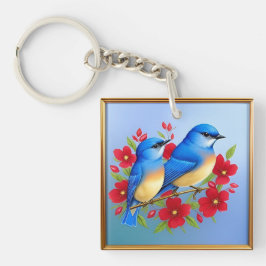 赤カラフルい花の間に止まるブルーバード キーホルダー