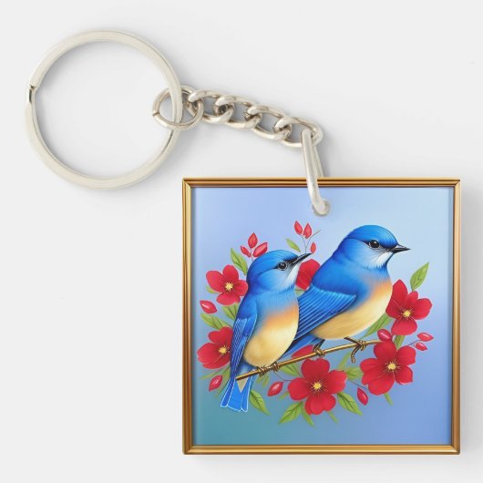 赤カラフルい花の間に止まるブルーバード キーホルダー (正面)