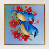 赤カラフルい花の間に止まるブルーバード ジグソーパズル (横)