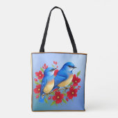 赤カラフルい花の間に止まるブルーバード トートバッグ (裏面)
