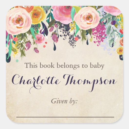 赤カラフルちゃんシャワーフローラ蔵書票シール スクエアシール (正面)