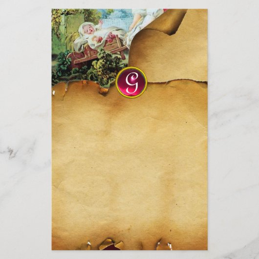 赤カラフルちゃんシャワーブラウンパーチメントルビーモノグラム 便箋 (正面)