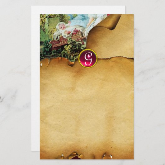 赤カラフルちゃんシャワーブラウンパーチメントルビーモノグラム 便箋 (正面/裏面)