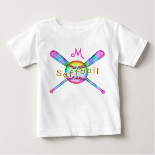 赤カラフルちゃんモノグラムのガール用ソフトボールシャツ ベビーTシャツ